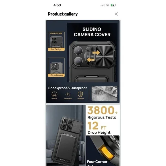 Iphone 16 Pro Case W Card Holder Kickstand Slide Camera Lens Cover 6.3" Blk - Picture 8 of 9